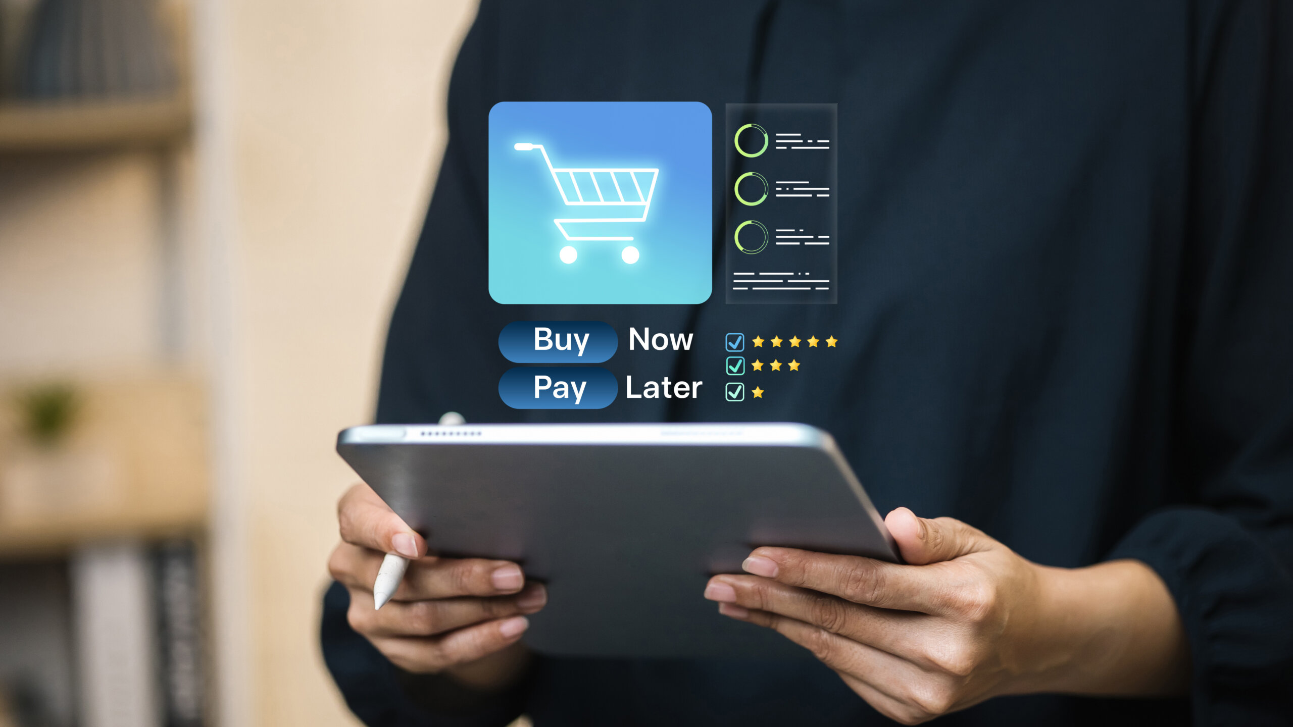 Close-up of hands holding a tablet with stylus and a glowing Buy Now Pay Later cart icon, checklist, and star ratings—concept for BNPL mobile checkout, installment payment, reviews, and digital finance.