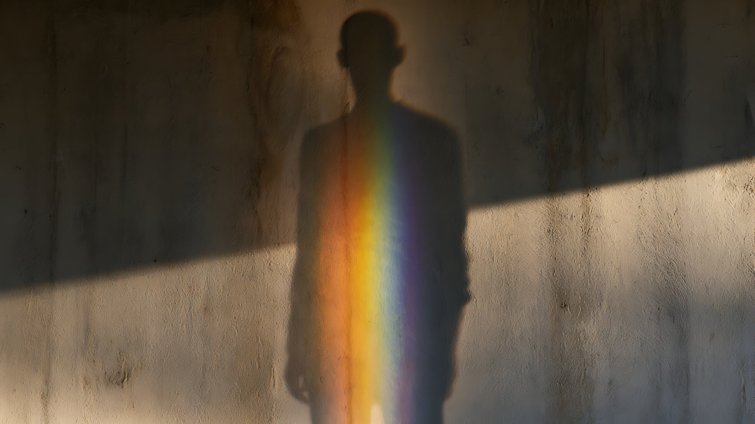 Conceptual shadow of a person on a wall with rainbow light projection, evoking themes of LGBTQ+ identity, mental health, and visibility