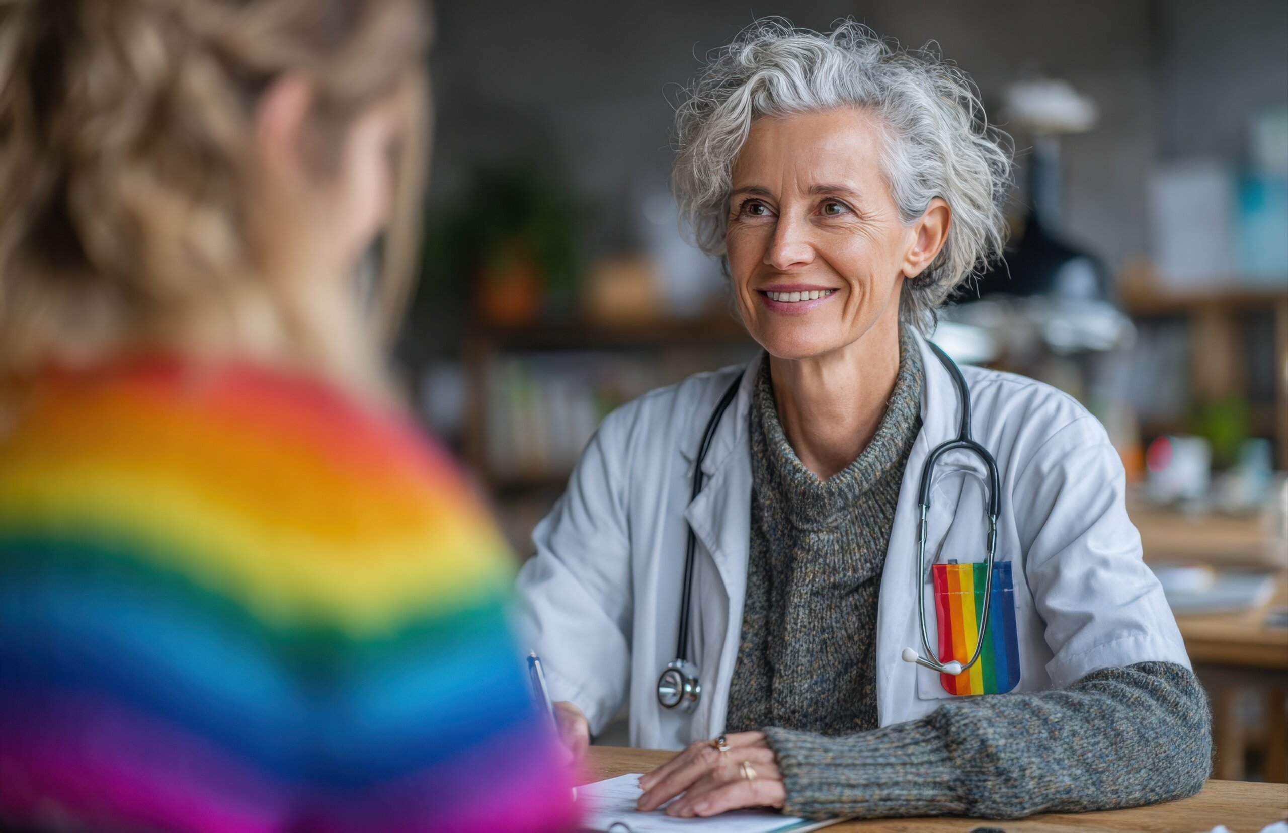 A doctor with a rainbow flag listening attentively to a patient in a medical office, depicting inclusive and affirming healthcare