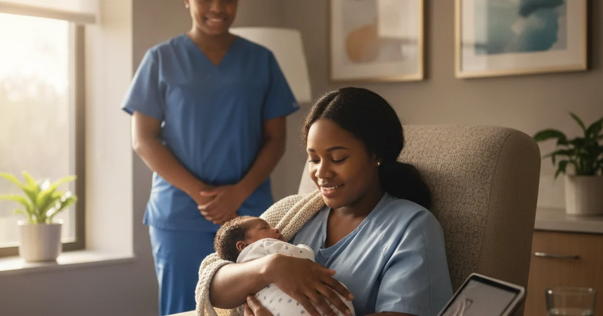 A Black mother gently holding her newborn baby in a caring healthcare setting
