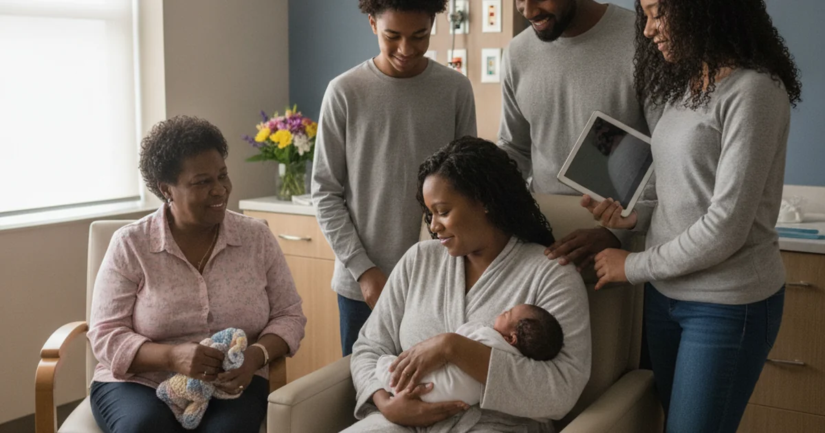 A Black mother holding her newborn baby in a hospital room with family support