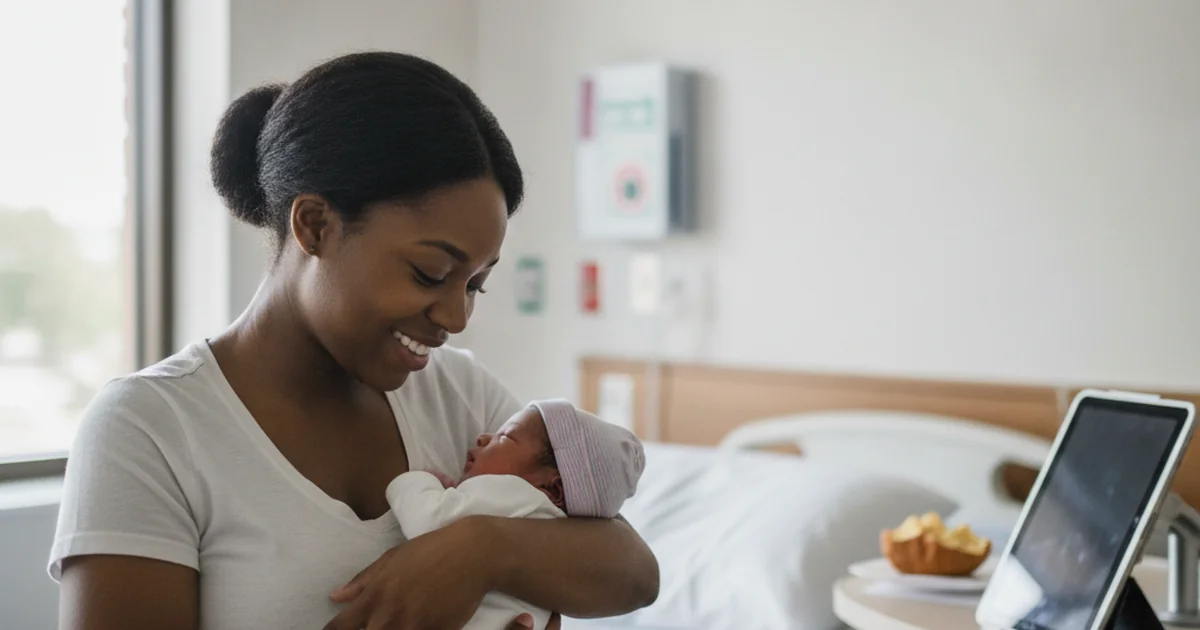 A Black mother holding her newborn baby with joy and tenderness in a hospital room