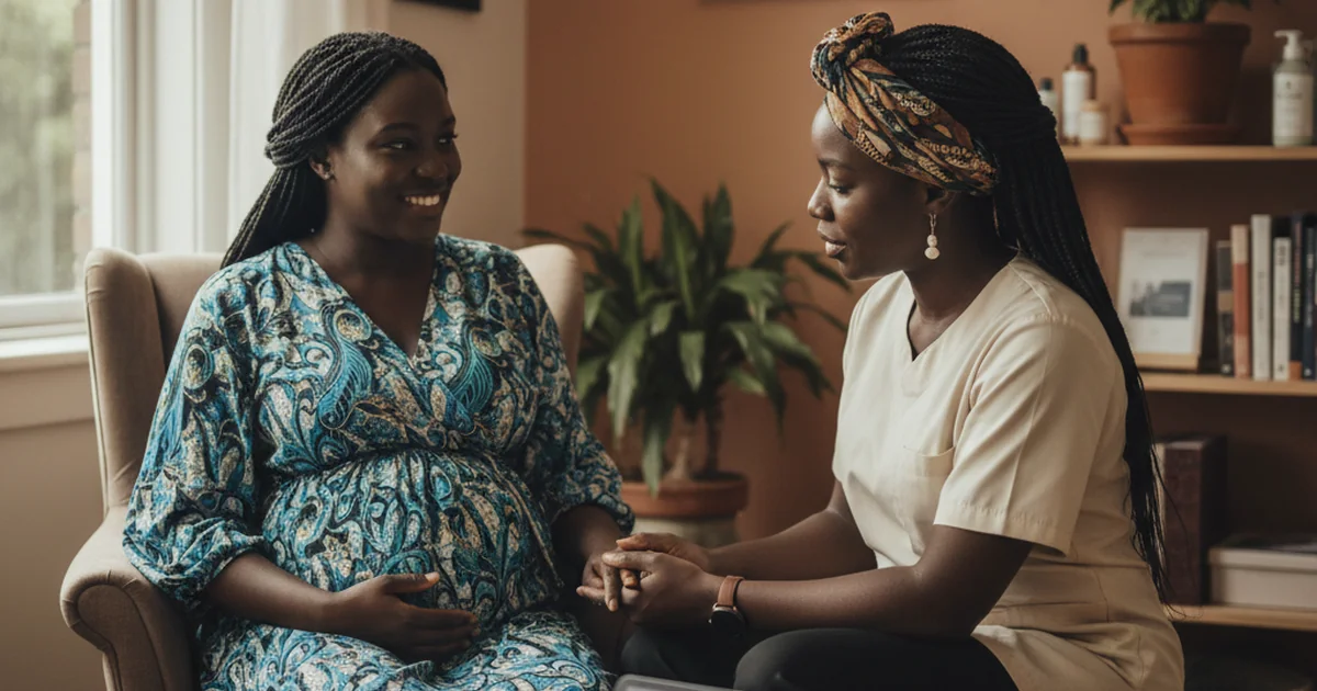 A Black pregnant woman in a calm consultation with a midwife in a welcoming, culturally affirming clinic
