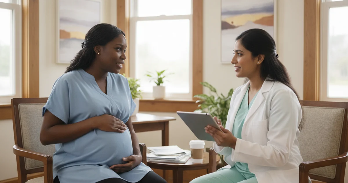 A Black pregnant woman in conversation with a healthcare provider in a medical office
