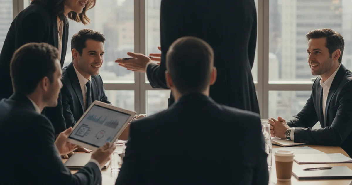 Business professionals in thoughtful discussion around a conference table