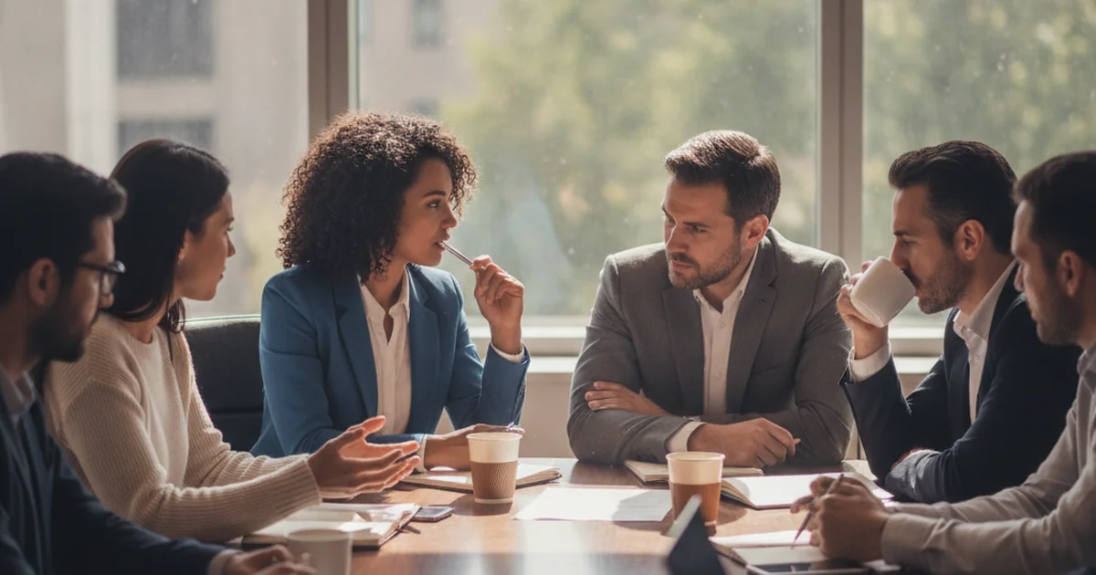 Diverse business professionals engaged in conversation around a conference table