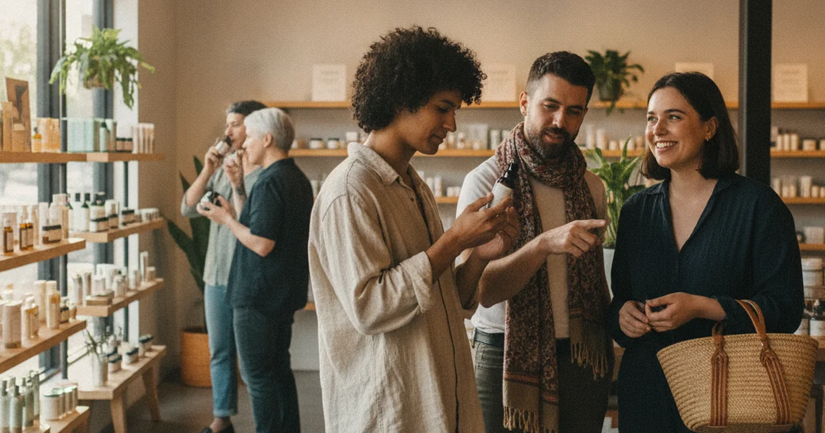 Diverse LGBTQ+ shoppers browsing wellness products in a bright modern store