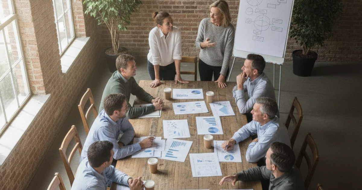 Diverse professionals discussing research methodology around a conference table with charts and data
