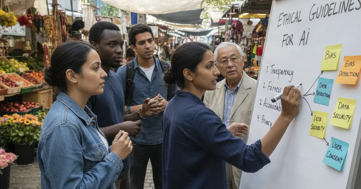 Person writing ethical research guidelines on a whiteboard with sticky notes and flowcharts