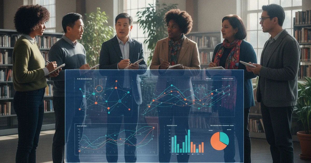 Researchers collaborating around a digital display showing AI-powered data visualizations