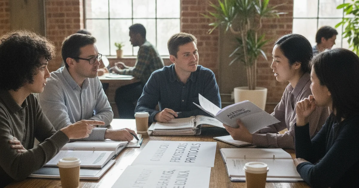 Researchers reviewing AI ethics and quality assurance documentation at a conference table
