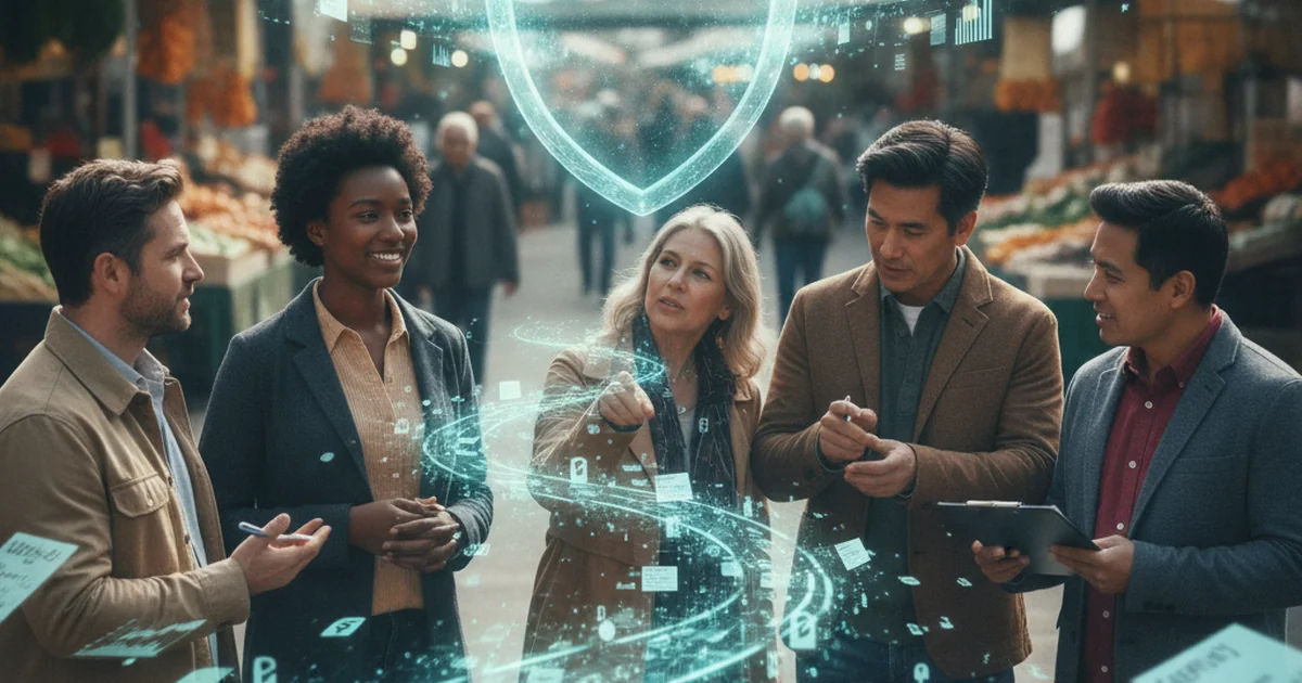 Transparent shield protecting data streams symbolizing trust in AI-powered research