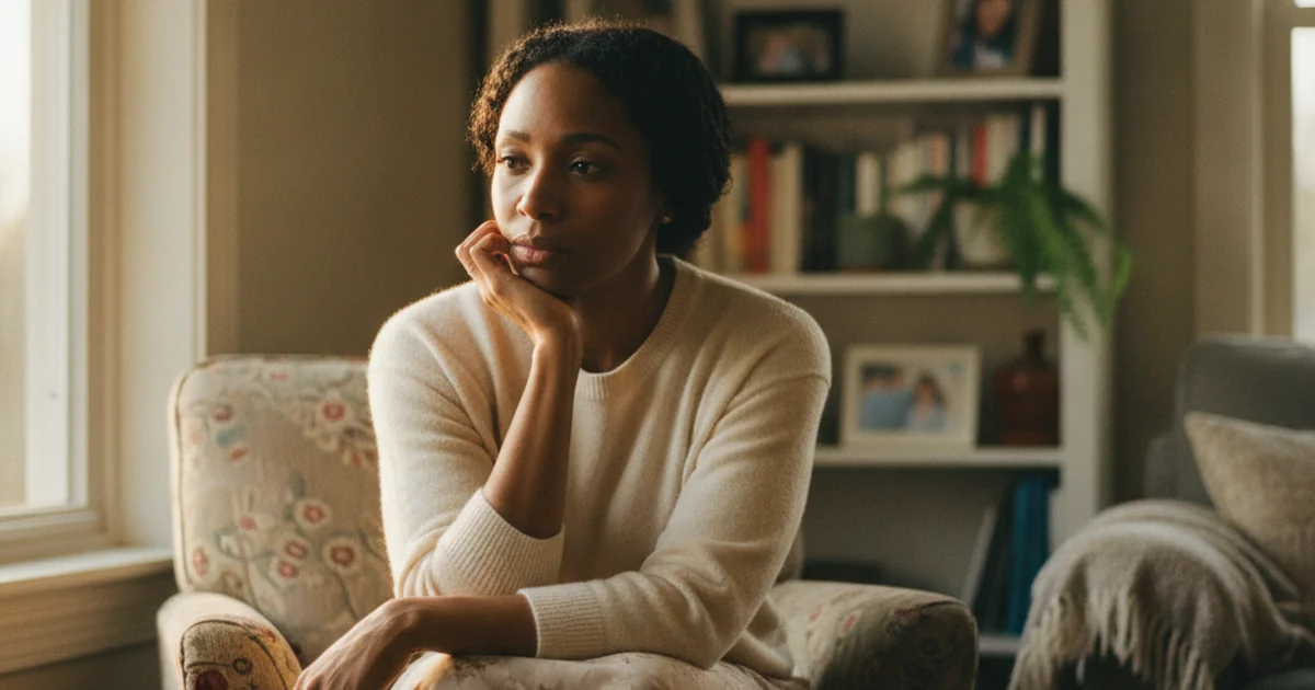 A Black woman sitting thoughtfully in a warm sunlit room reflecting on maternal healthcare experiences