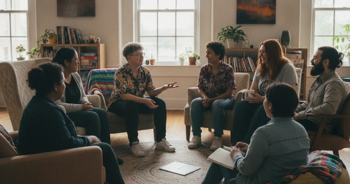 Diverse LGBTQ+ individuals in a supportive group conversation in a bright community space