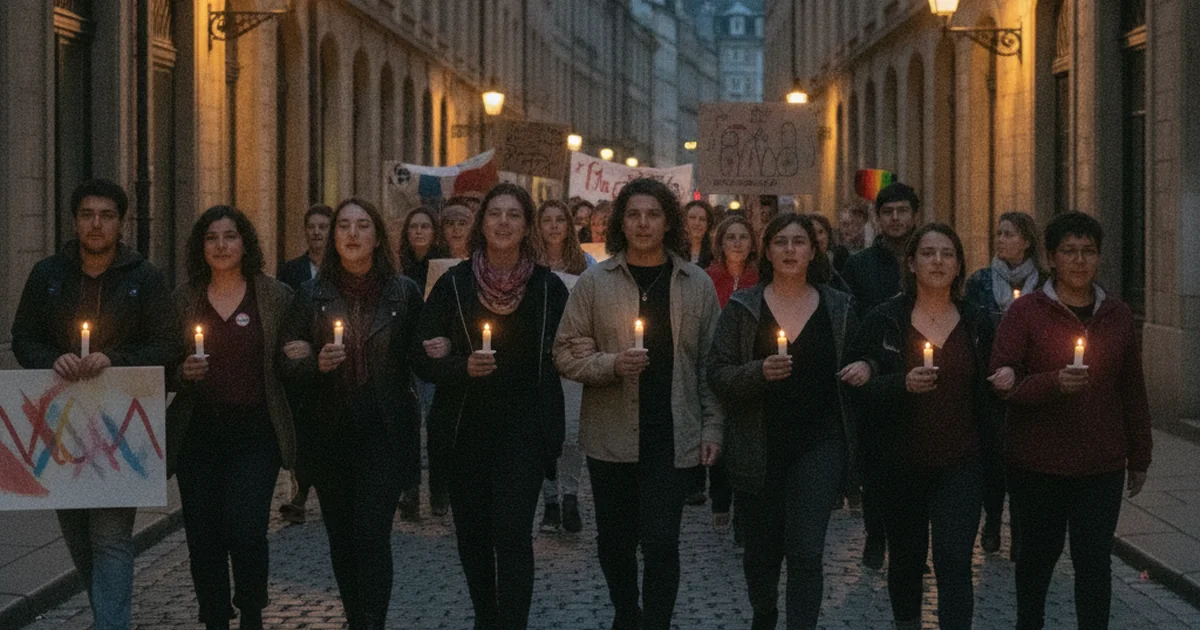 Diverse LGBTQ+ people marching together down a city street holding signs and candles at dusk