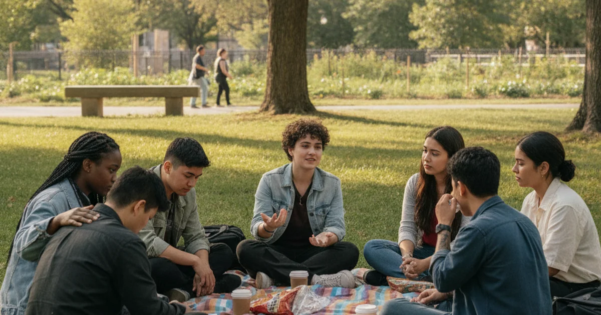 Diverse LGBTQ+ young people sitting together in a park having a supportive conversation