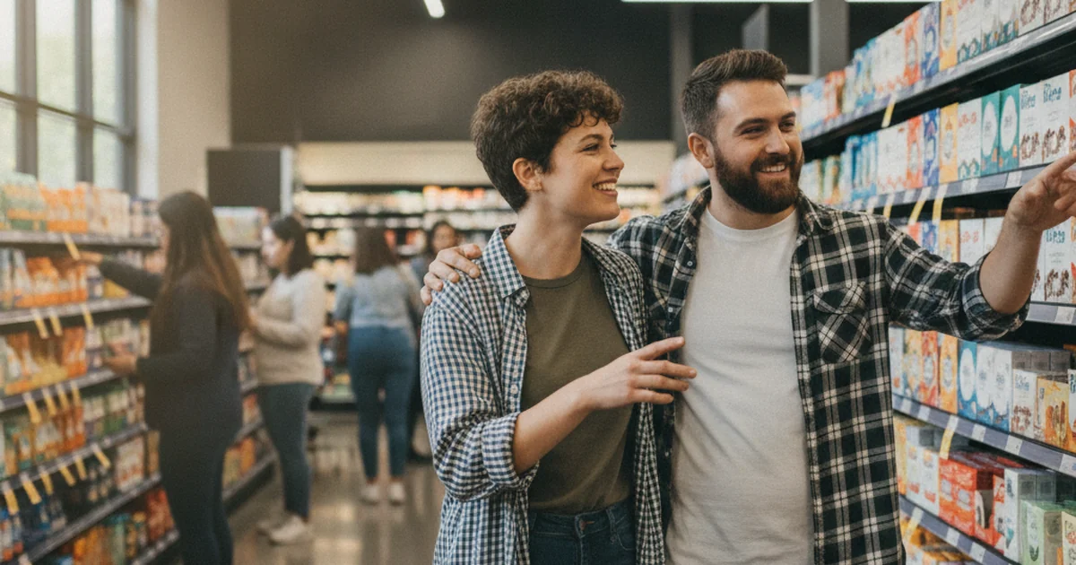 LGBTQ+ couple shopping together in a modern retail store browsing products on shelves